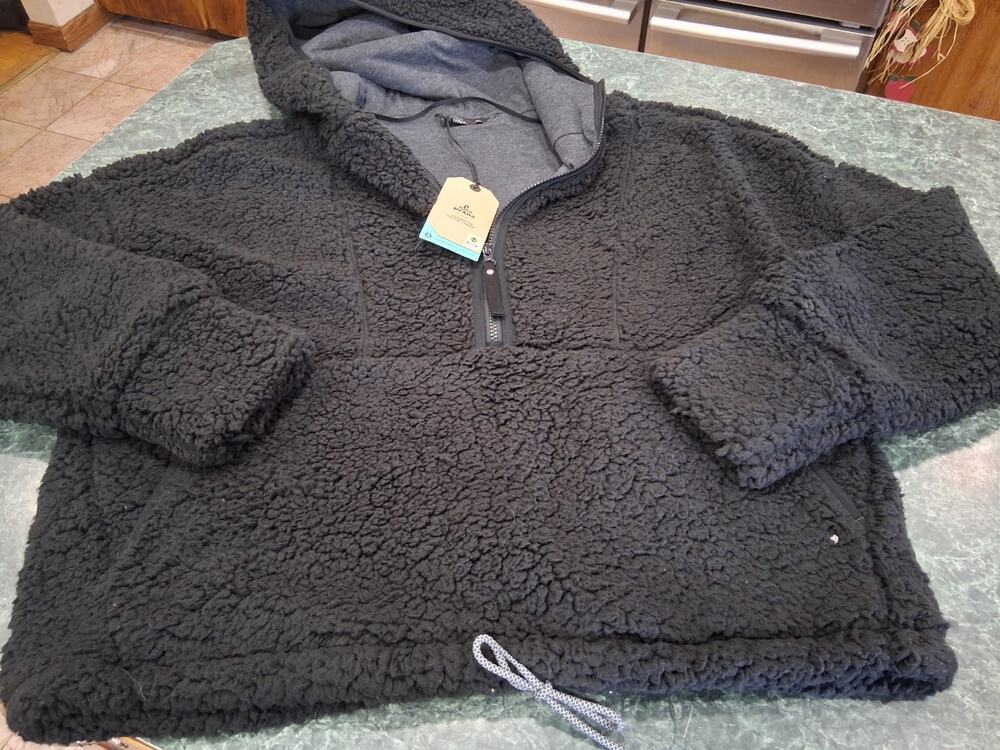New! PRANA Polar Escape Pullover Half Zip Teddy Fleece Jacket w Hood Black Sz XL